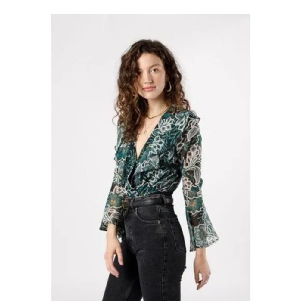 NWT Band of the free Floral Green and Black Sheer long sleeve Bodysuit size M - Picture 9 of 12